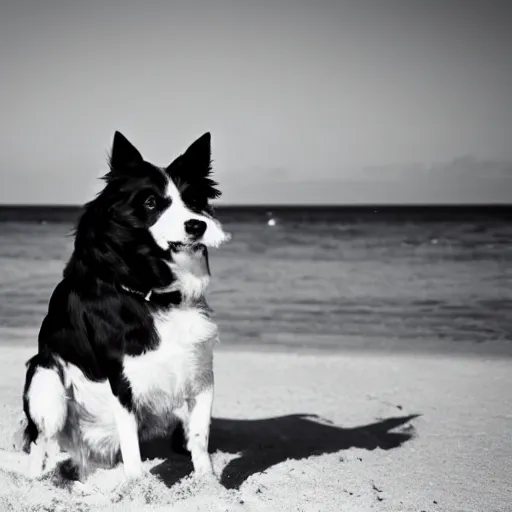 Prompt: black and white photograph of a dog that is a king in the beach