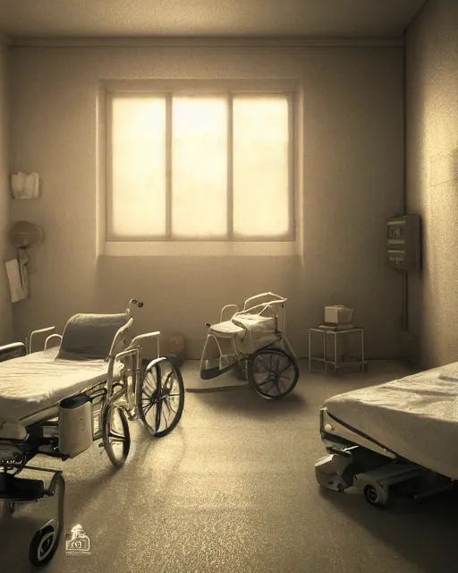 Image similar to artstation scifi scene of a shabby chinese hospital ward, big fan ， dust ， a bunch of light on a business card, bed, wheelchair, window, bedside table, paneled walls, unreal engine 5, hyper realism, realistic shading, cinematic composition, blender render, octane render, hdr, detailed textures, photorealistic, wide shot