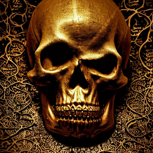 Prompt: chiaroscuro Baroque Still life photo of golden skull etched with detailed and intricate ancient runes, overtaken by plant ivy filigree, lit by a single god ray of shining light.