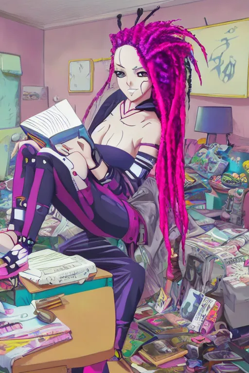 Image similar to concept art painting of an anime cybergoth girl with pink dreads on the floor reading a book in a cluttered 9 0 s bedroom, toon shading, cel shading, trending on artstation, fantasy concept art, stunning visuals, creative, cinematic, vaporwave colors, rendered by substance designer, lifelike,