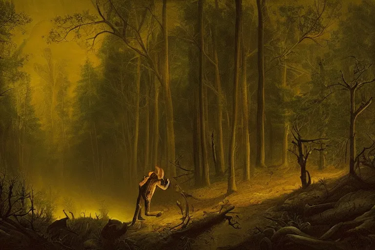 Image similar to dark and spooky painting of a forest dimly lit at night with a scary wolfman in the woods. muted colour palette, detailed oil painting by asher brown durand