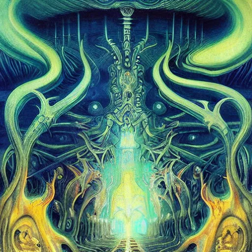 Image similar to lurid eldritch radiating town fractal shimmering phantasm, by h. r. giger and esao andrews and maria sibylla merian eugene delacroix, donato giancola, edvard munch john berkey, gustave dore, thomas moran, hieronymus bosch, hp lovecraft, pop art, synthwave, cubist