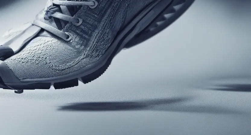 Prompt: close up on old running shoes running on a treadmill. cinematic lighting. moody. sci fi. realistic concept art illustration. blue grey tones.