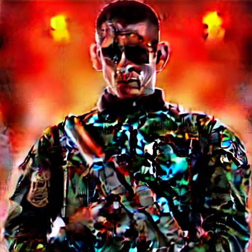 Image similar to rock - manas a soldier smoking a cigarette, still from the movie universal soldier, still from the movie terminator, fog, dramatic lighting, cinematic, 4 k, full body shot, backlit, rim lighting, full body photgraph, shap, football armor, cyberpunk, bladerunner, extreme detail, light rain, trending on artstation