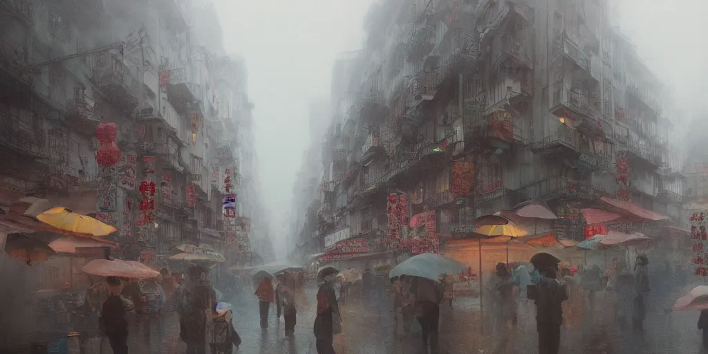 Image similar to morning market in chinatown, foggy rainy day, matte painting, studio ghibli, artstation