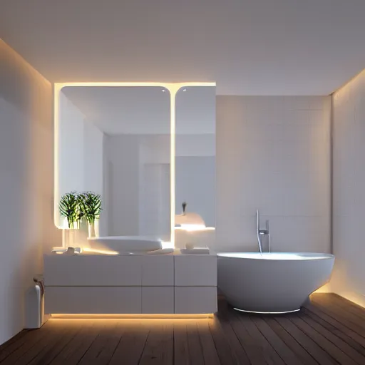 Image similar to bathroom with warm white led strip lighting, photorealistic, product render