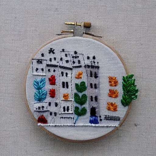 Prompt: a tiny beautiful handmade embroidery of a city. hand embroidery.