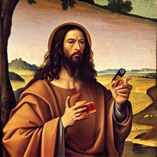 Prompt: a renaissance oil painting of jesus holding a smartphone and drinking beer