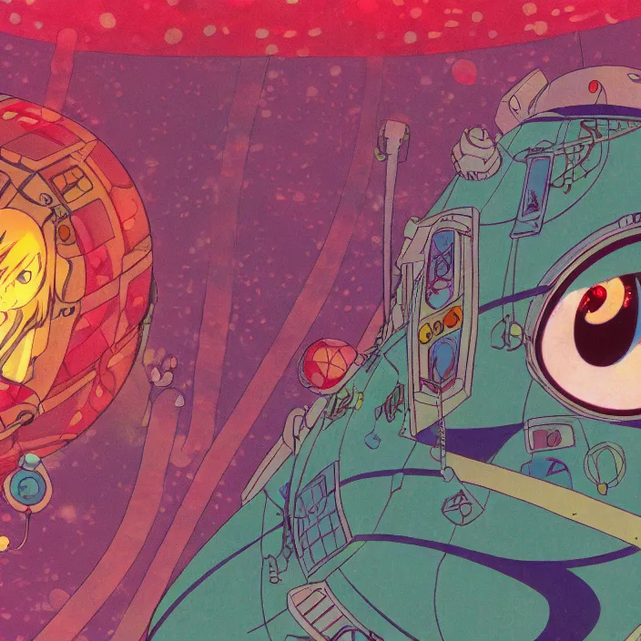 Image similar to close up of mamimi samejima from flcl, psychedelic background, epcot, inside a space station, eye of providence, female anime character, giygas, charles burchfield