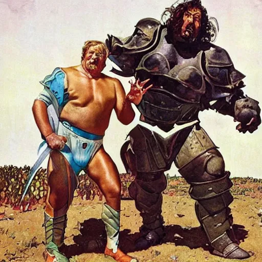 Image similar to wrestler giant haystacks in scifi warrior combat battle armour, by norman rockwell and boris vallejo