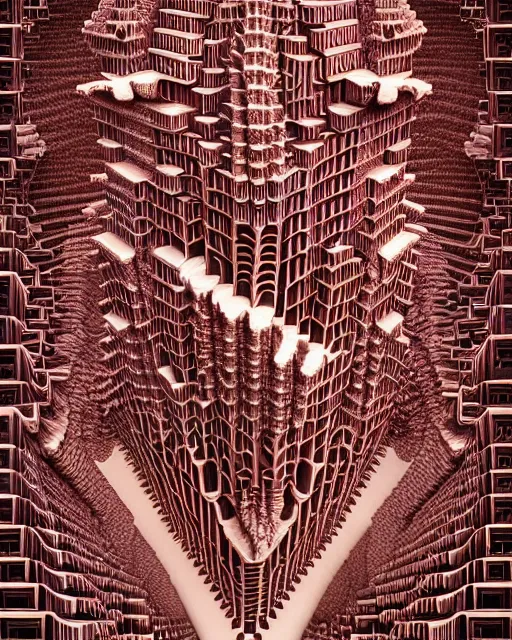 Image similar to detailed realistic architectural painting of hundreds of alien mandelbulb gates stacked like jenga made of carved out ivory shades of red by mc escher