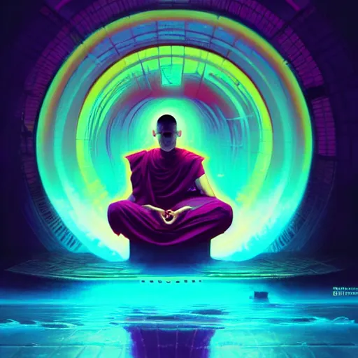 Image similar to a floating monk meditating, channeling swirling energy, wearing cyberpunk clothing, vaporwave aesthetic, colorful, psychedelic, digital painting, artstation, concept art, smooth, sharp focus, illustration, art by artgerm and greg rutkowski and alphonse mucha