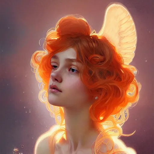 Prompt: Portrait of a girl angel with pale orange colored fuzzy frizzy hair, cat ears, glowing halo, wings, fantasy, intricate, elegant, highly detailed, digital painting, artstation, concept art, smooth, sharp focus, illustration, art by Krenz Cushart and Artem Demura and alphonse mucha