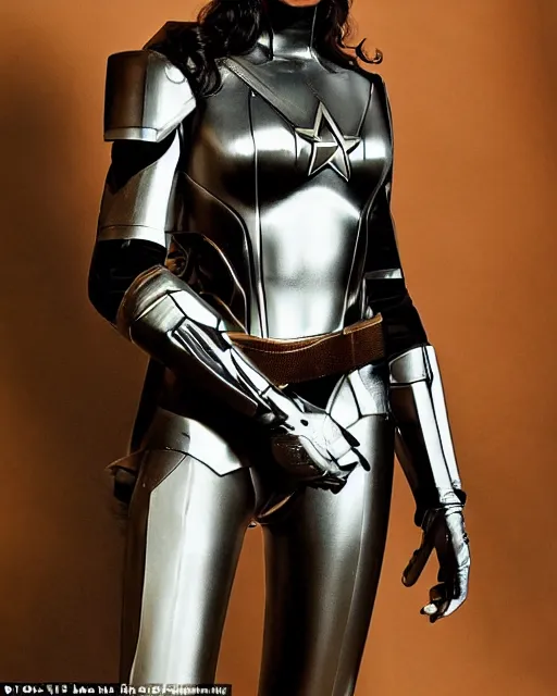 Prompt: Gal Gadot as Colonel Wilma Deering from Buck Rogers in the 25th Century, dressed in a form fitting futuristic nanotechnology enhanced military armor uniform, she is gorgeous with long beautiful hair, but a stern look about her, photographed in the style of Mario Testino, Studio Lighting