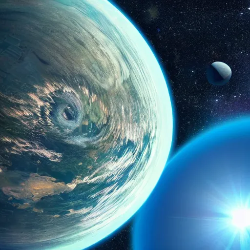 Image similar to giant space baby rising behind planet earth realistic cinematic 8 k hdr