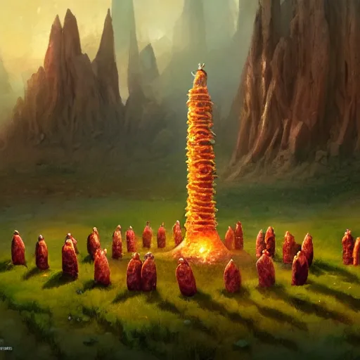 Image similar to a wizard's tower standing alone in a circle of hot dogs, meadow, plains full of burgers, wizard tower, golden chicken nuggets, golden french fries, fantasy, artwork by Marc Simonetti, artwork by Ted Nasmith, Ted Nasmith and Marc Simonetti, 8K, D&D concept art, D&D wallpaper