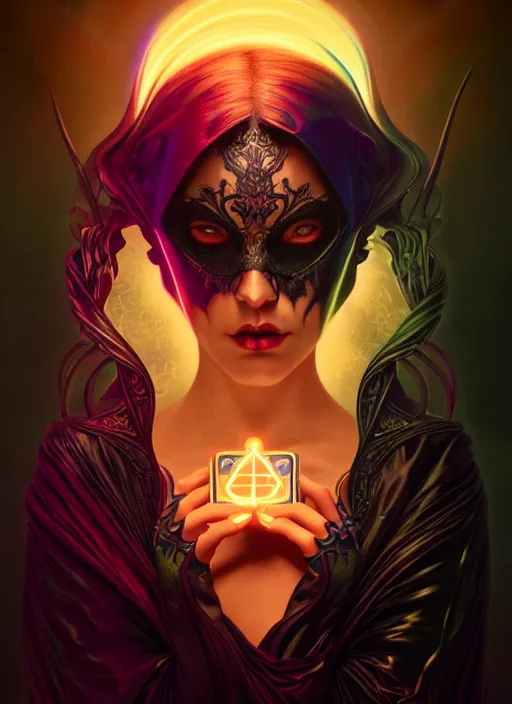 Image similar to book cover, front portrait, dark witch with black hood and evil eyes, realism, soft, smooth, luminescent, art nouveau tarot, backlit glow, colorful swirly ripples, gaudy colors, aesthetic octane render, unreal engine, 8 k, by artgerm, greg rutkowski, alphonse mucha