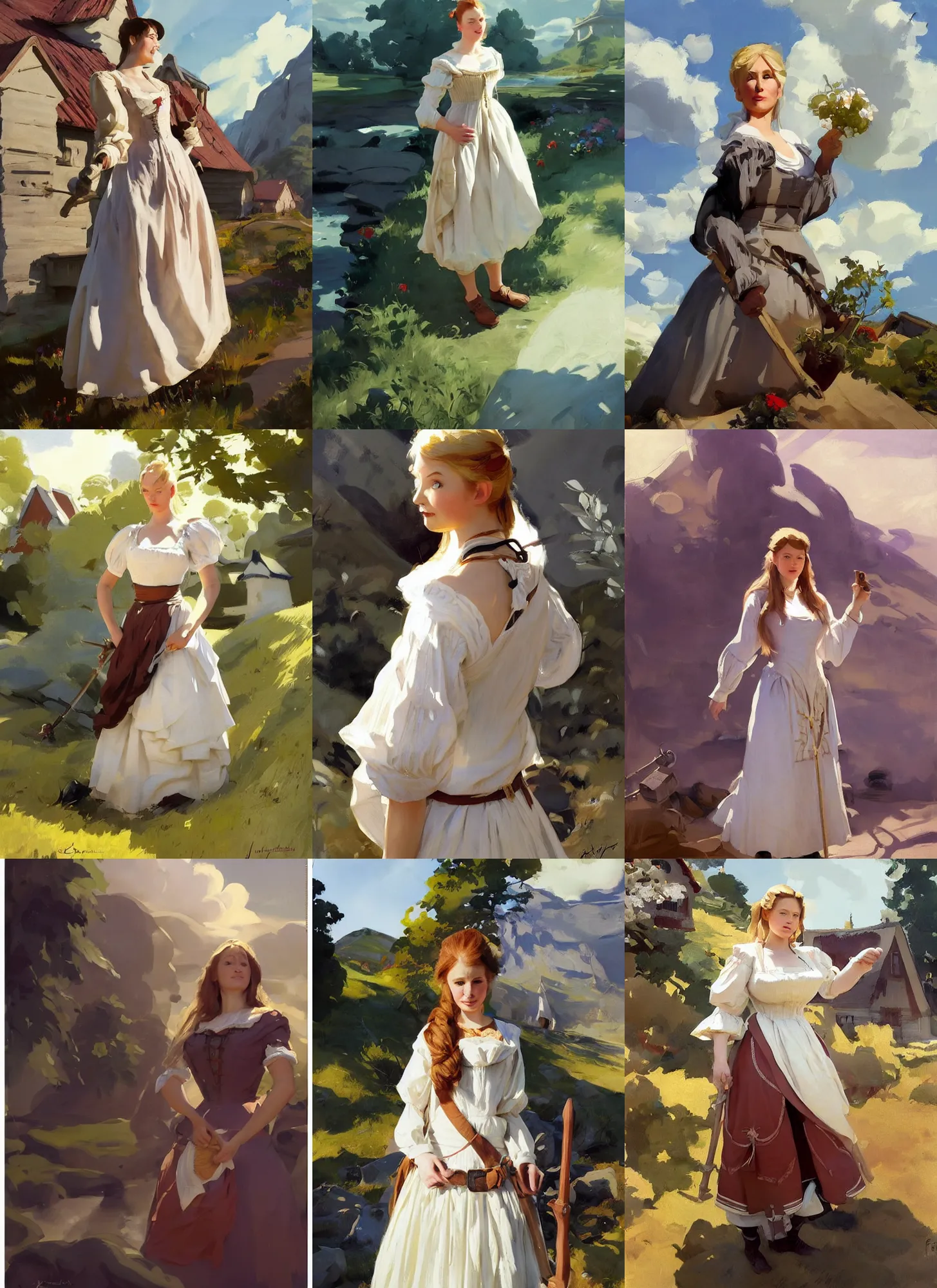 Prompt: finnish norway scandinavian attractive village maiden wearing 1 7 th century bodice in a sunny day, jodhpurs greg manchess painting by sargent and leyendecker, studio ghibli, fantasy, medium shot, asymmetrical, intricate, elegant, matte painting, illustration, hearthstone, by greg rutkowski, by greg tocchini, by james gilleard, by joe fenton