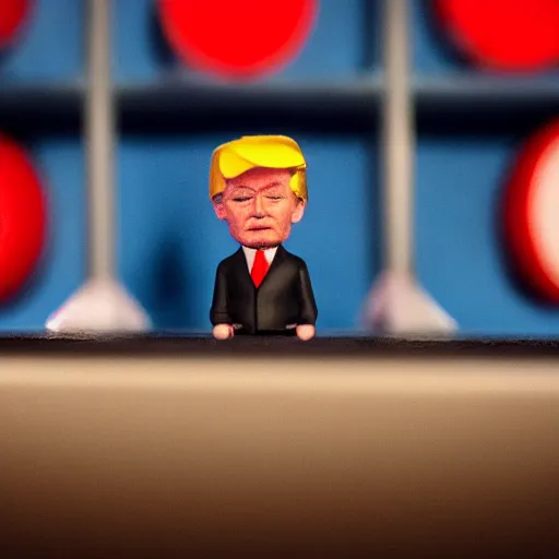 Image similar to miniature claymation figure of donald trump, still, depth of field