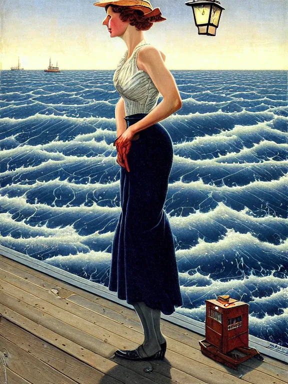 Image similar to a fancy beautiful woman standing on a wharf at the edge of a cold sea by rob gonsalves and ruth deckard and gil elvgren and harry ekman and george petty and hilo chen and norman rockwell, crisp details, hyperrealism, high detail, high contrast, low light, grey mist, cobblestones, dim lantern