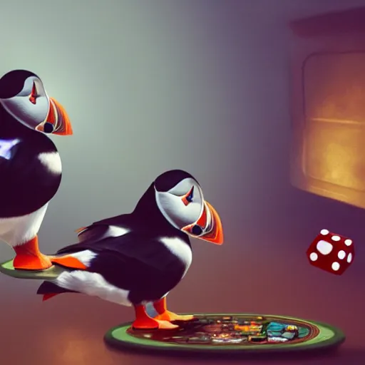 Image similar to puffin playing board game, cinematic, cinematic lighting, trending on Artstation, Cgsociety, detailed, 4k, very realistic