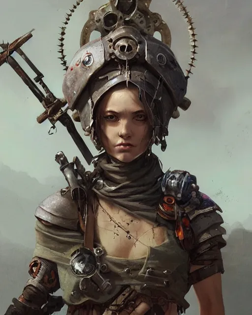 Prompt: hyper realistic portrait of postapocalyptic death cult monk cyborg girl with sword and shield, beads, gears, machineparts, cinematic, artstation, cgsociety, greg rutkowski, james gurney, mignola, craig mullins, brom vray, redshift, octane