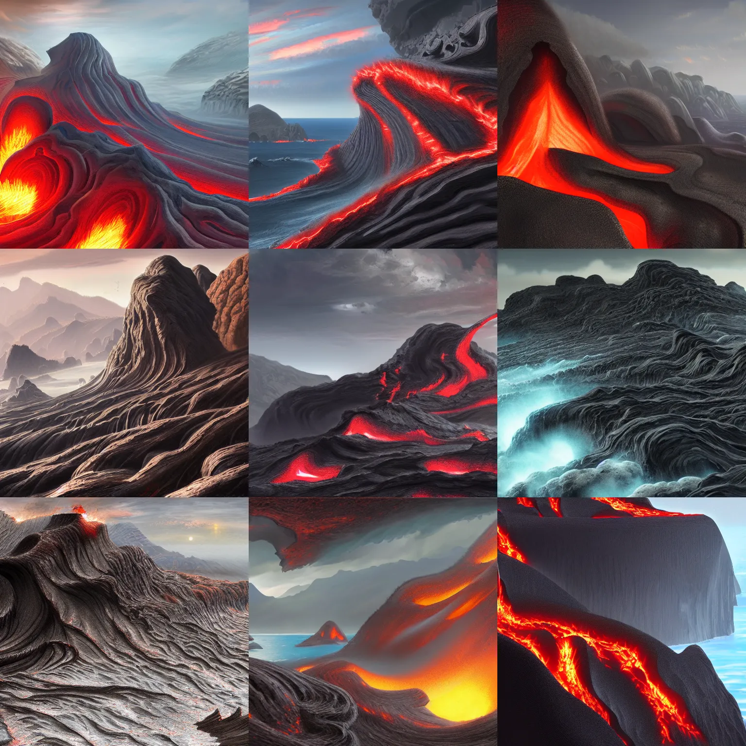Prompt: a masterpiece matte painting of wavy and sharp hardened lava, igneous rock materials, trending on artstation