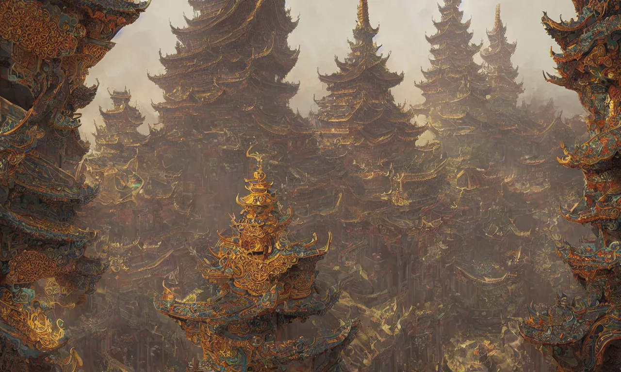 Prompt: an original game concept scene painting of an opulent palast chinese style ， super wide angle, magnificent and gorgeous atmosphere ， matte painting ， rtx on ， by moebius, neil blevins and jordan grimmer ， trending on cgsociety and artstation, unreal engine ， volumetric light ， surreal