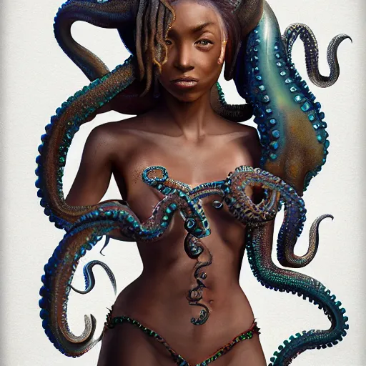 Image similar to rastafari woman with octopus arms as hair, intricate, elegant, highly detailed, digital painting, realistic shading, cinematic composition, hdr, photorealistic, 8 0 mm, concept art, artstation, matte, sharp focus, illustration, art by keith thompson and christopher lane