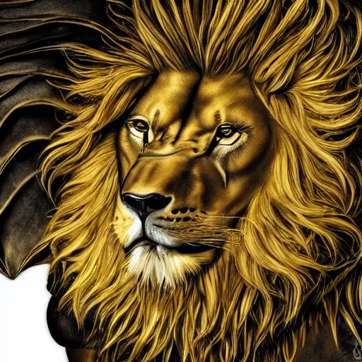 Prompt: portrait of a hybrid of a male lion and western winged gold dragon, dark, beautiful, hyper-realistic, highly detailed