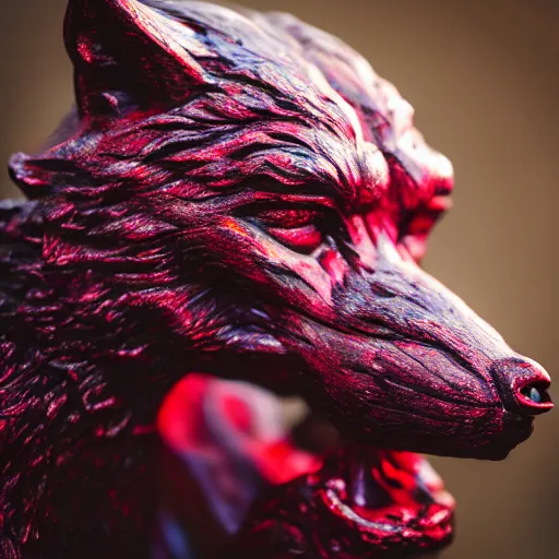 Image similar to portrait photography of a ruby wolf sculpture