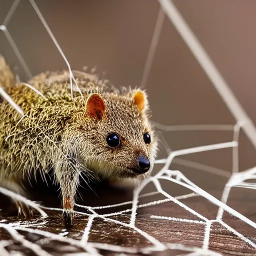 Image similar to spider quokka hybrid, weaving an intricate web, 🕷, happy, bold natural colors, national geographic photography, masterpiece, in - frame, canon eos r 3, f / 8. 0, iso 2 0 0, 1 / 1 6 0 s, 8 k, raw, unedited, symmetrical balance, wide angle