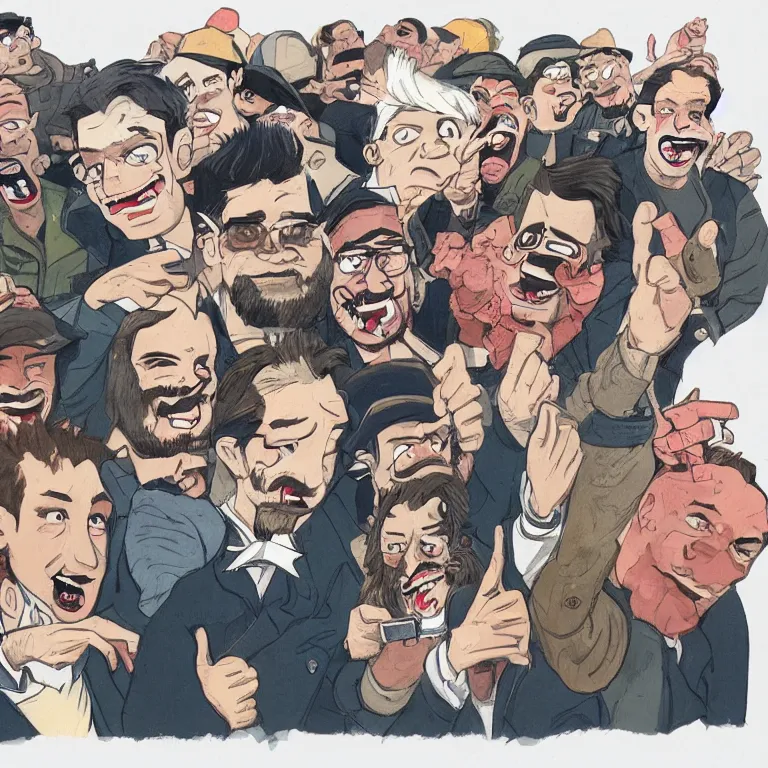 Prompt: a detailed illustration of a small group of men posing for a selfie by jamie hewlett and timothy kong, trending on artstation