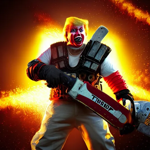 Image similar to portrait of donald trump as a clown, laughing and holding a chainsaw in gears of war, splash art, movie still, cinematic lighting, ray tracing, octane render, long lens, shallow depth of field, bokeh, anamorphic lens flare, 8 k, hyper detailed, 3 5 mm film grain