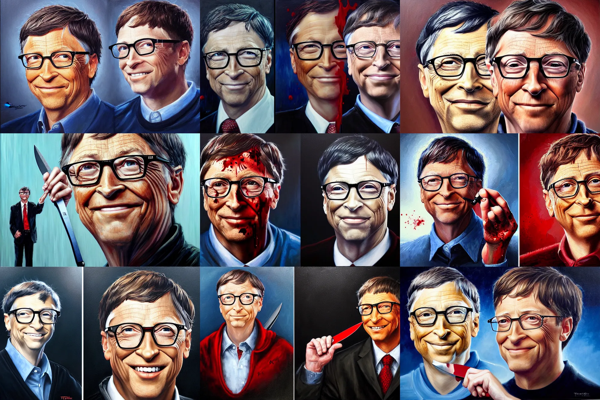 Prompt: portrait of bill gates with a knife as the zodiac killer bloodied, an oil painting by ross tran and thomas kincade