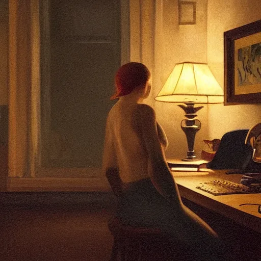 Prompt: Elle Fanning hacking a computer at night in the world of Edward Hopper, stormy snowy weather, dark room, extremely detailed masterpiece, oil on canvas, low-key neon lighting, artstation, Blade Runner 2049, Roger Deakin’s cinematography, by J. C. Leyendecker and Peter Paul Rubens,