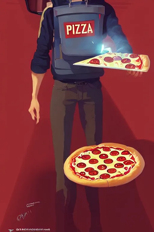 Prompt: greg rutkowski travel poster futuristic pizza delivery boy