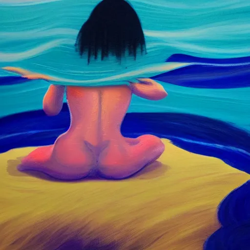 Prompt: beauty silhouette drowning in a turquoise wavy sea, feminine, healing, appeasing, waves, tsunami, she loves another one, mental health, oil painting, by francis bacon, emotional conflict, hd, 8 k, trending on artstation, paradoxal, perfect framing, neo - expressionism, expressive