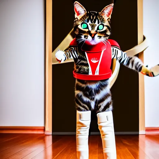 Prompt: photorealistic image of a cat in a space helmet with a zebra body is standing in red knee-high boots in the middle of an apartment from the Soviet Union and looking at the camera, focal length 85mm, photo hunting, realistic image, color photography, excellent quality