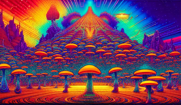 Prompt: an expansive octane redshift rendering of beautiful and complex interwoven spiritual connection between all beings by dan mumford, by jim fitzpatrick, by joe wilson, by jim burns, by victo ngai, by jacek yerka, surrounded with colorful magic mushrooms and rainbowcolored marihuana leaves, insanely integrate, featured on deviant art, trending on artstation