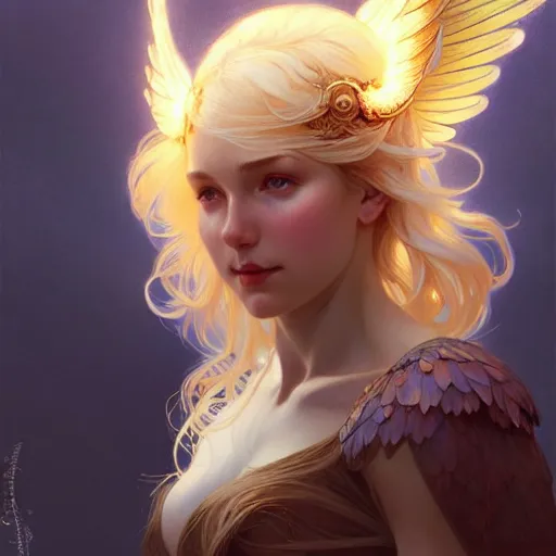 Image similar to A girl with blonde hair, glowing halo, huge highly detailed wings, fantasy, intricate, elegant, highly detailed, digital painting, artstation, concept art, smooth, sharp focus, illustration, art by Krenz Cushart and Artem Demura and alphonse mucha