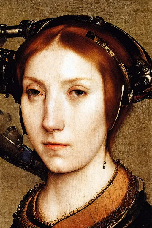 Image similar to a close - up portrait of a cyberpunk cyborg girl, by hans holbein the younger, rule of thirds