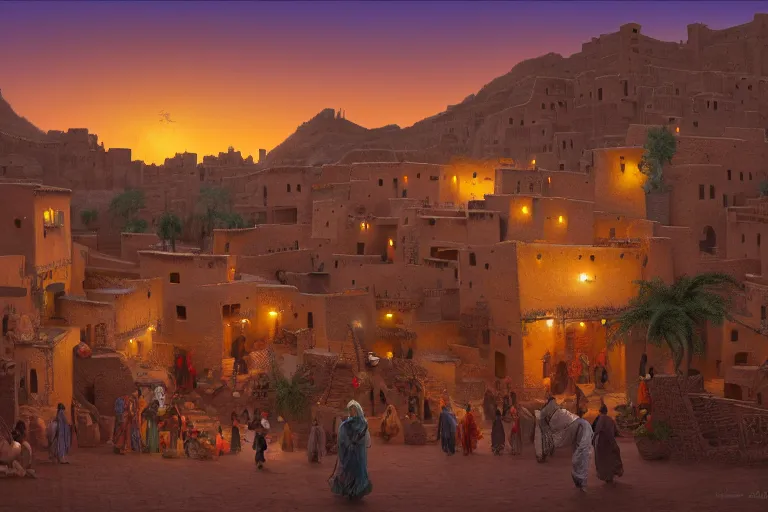 Image similar to in the middle of a adobe house kasbah town, mud and brick houses, merchant street, pueblo architecture, colorful crowd, festival. Scenic view at night, underexposed, clean horizon, matte painting by raphael lacoste and marc simonetti and craig mullins and christophe vacher, trending on artstation, 4k, intricate details