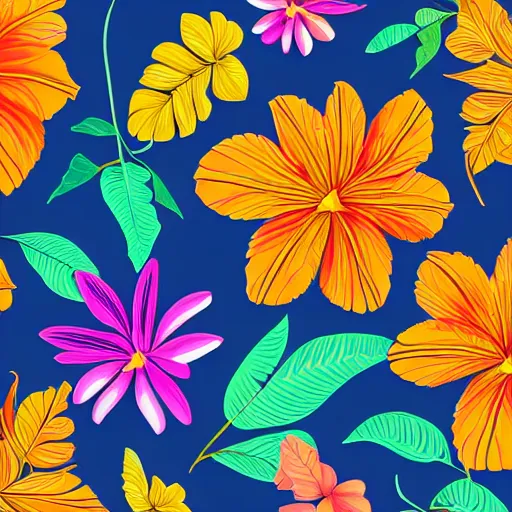 Image similar to Vector illustration of tropical flowers with multiple cohesive colors ranging from warms blues to bright oranges on a dark background, 4K resolution, digital art