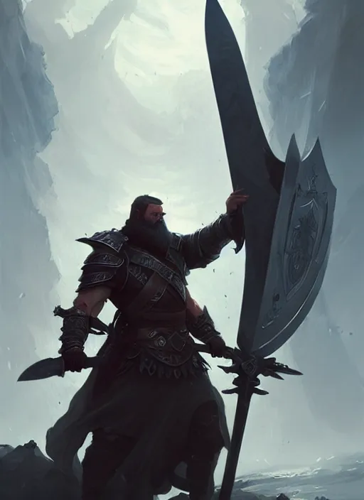 Prompt: epic bearded war commander with gigantic sword and large shield. highly detailed, digital painting, concept art, smooth, sharp focus, illustration, art by greg rutkowski