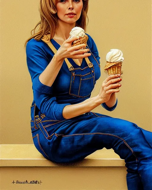 Image similar to portrait of a blonde fuller figured barbara bach from the bond film wearing dungarees and eating ice creams in porto, real life skin, intricate, elegant, highly detailed, artstation, concept art, smooth, sharp focus, art by artgerm and greg rutkowski and alphonse mucha