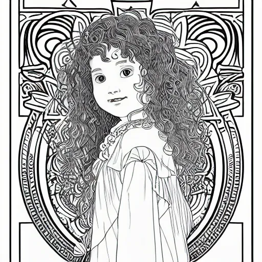 Prompt: clean simple line art of a little girl with wavy curly hair. no background. well composed, clean coloring book page, beautiful detailed face. coloring book line art by greg rutkowski and johanna basford and alphonse mucha