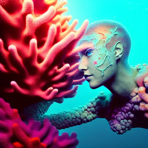 Image similar to psychedelic organic cyborg submerged in ocean coral reef, realism, extreme detail, real life, key art, soft light, volumetric light, photo by albert aublet