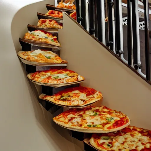 Image similar to m c esher staircase made of pizza