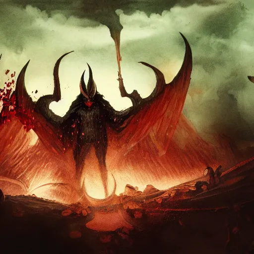 Prompt: the fall of lucifer in hell, oppressive and dark amotsphere with many shadows and dark red highlights, concept art by aleksandra waliszewska